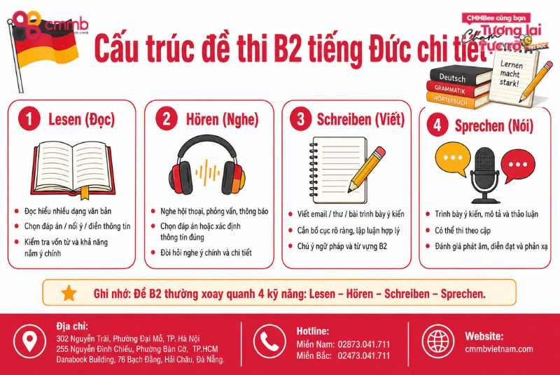 Tiếng Đức B2 là gì? Lộ trình, tài liệu và bí quyết thi đỗ B2 nhanh 3 Cấu trúc đề thi B2 tiếng Đức chi tiết