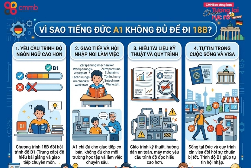Tiếng Đức A1 đi 18B được không? Cách đi Visa 18B chỉ với A1 2026 2 Vì sao tiếng Đức A1 không đủ để đi 18B?